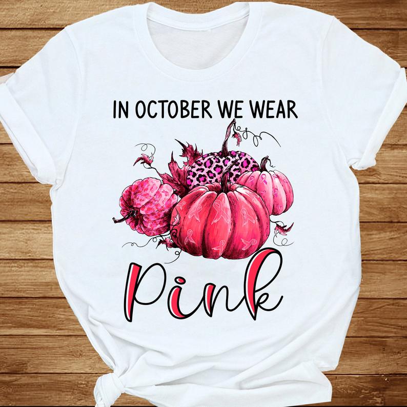 In October We Wear Pink Breast Cancer Awareness Leopard Print Pumpkin T-shirt