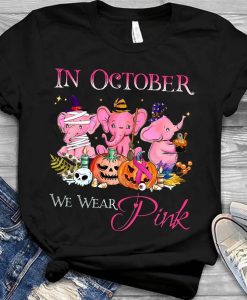 In October We Wear Pink Elephant Pumpkin Halloween Spirit Breast Cancer Awareness Month Tshirt