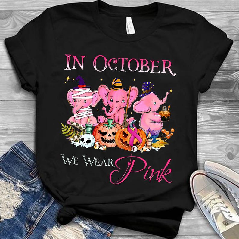 In October We Wear Pink Elephant Pumpkin Halloween Spirit Breast Cancer Awareness Month Tshirt