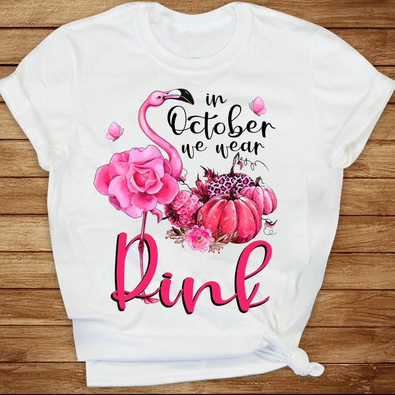 In October We Wear Pink Pumpkin Flamingo Breast Cancer T-shirt