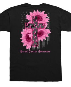 Pink Sunflower Ribbon Cross American Flag Breast Cancer Awareness T-shirt