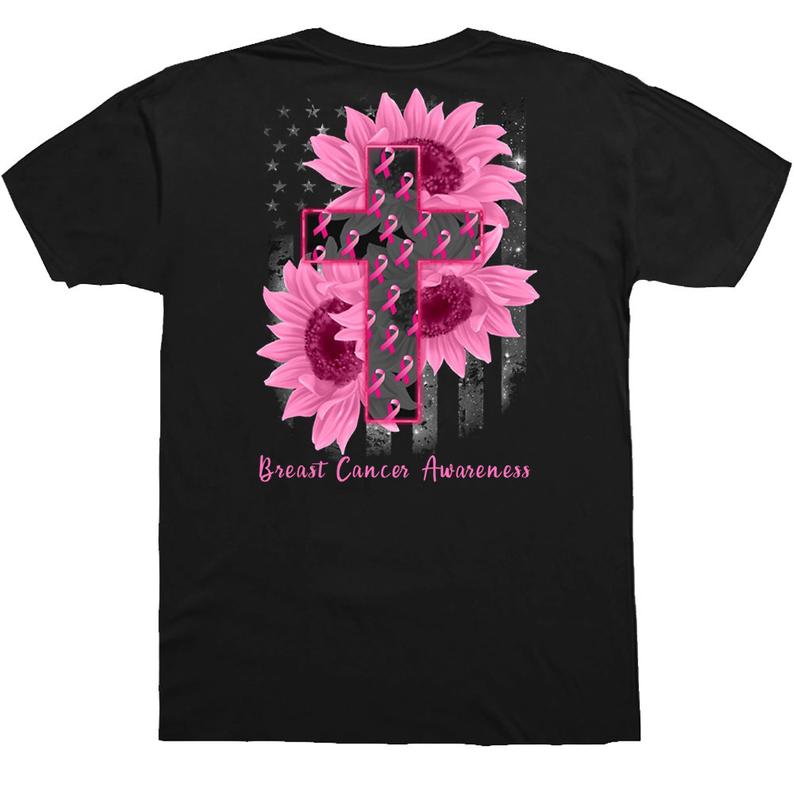 Pink Sunflower Ribbon Cross American Flag Breast Cancer Awareness T-shirt