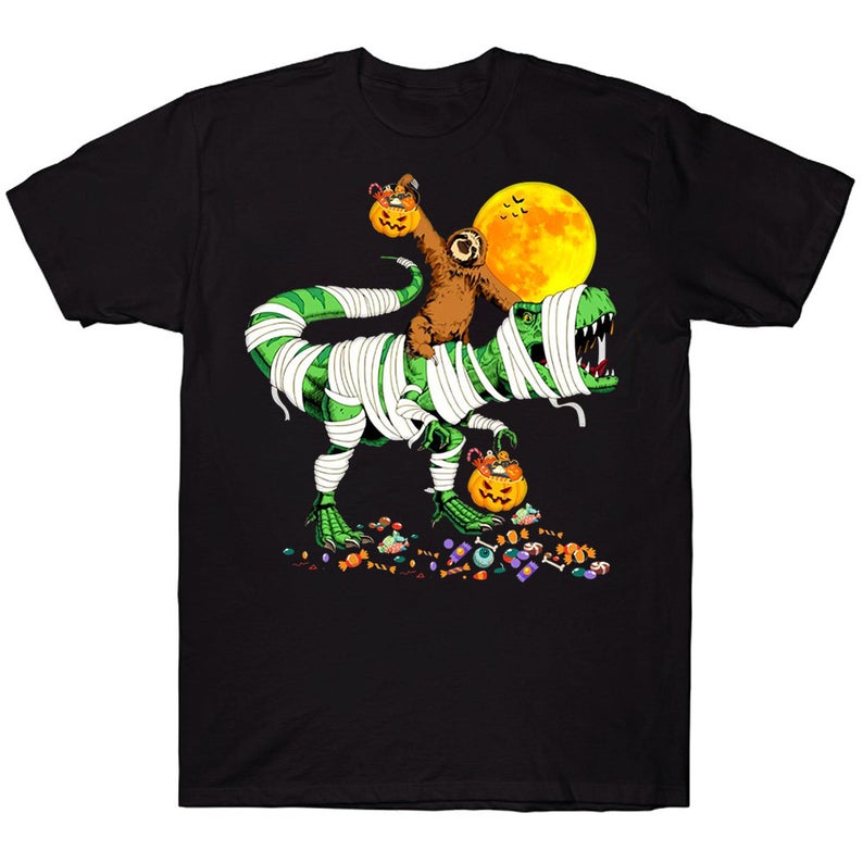 Sloth Riding Mummy Saurus Funny Halloween Costume T-shirt