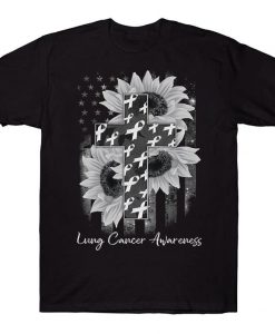 White Sunflower Ribbon Cross American Flag Lung Cancer Awareness T-shirt