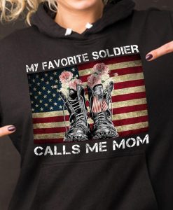 Womens My Favorite Soldier Calls Me Mom Floral Boots American Flag T-shirt