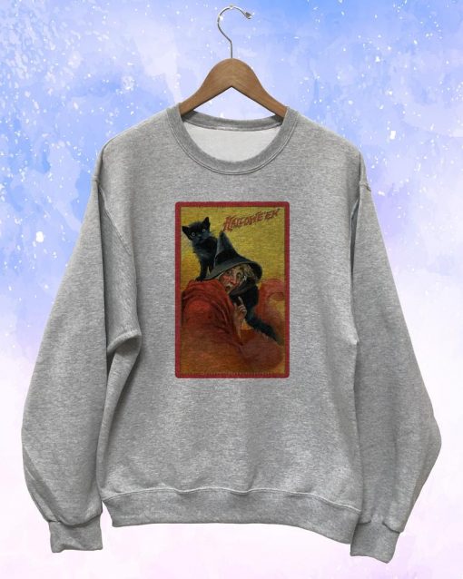 Halloween Witch and Her Black Cat Vintage Style Sweatshirt