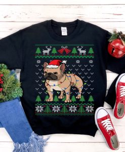 French Bulldog Santa Hat Wrapped in Christmas Lights Sweatshirt