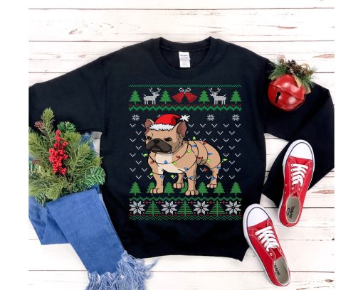 French Bulldog Santa Hat Wrapped in Christmas Lights Sweatshirt