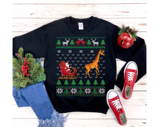 Giraffe Pulling Santa's Sleigh Christmas Sweatshirt