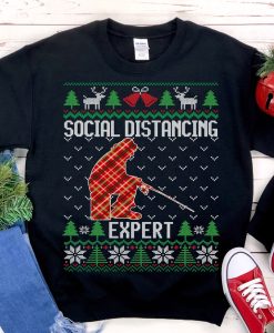 Social Distancing Expert Ice Fishing Ugly Christmas Sweatshirt