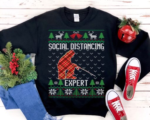 Social Distancing Expert Ice Fishing Ugly Christmas Sweatshirt