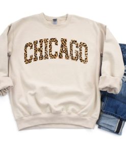 Chicago Leopard Print College Style Unisex Crewneck Sweatshirt