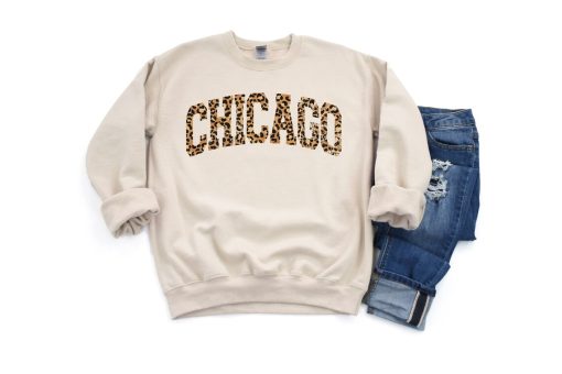 Chicago Leopard Print College Style Unisex Crewneck Sweatshirt