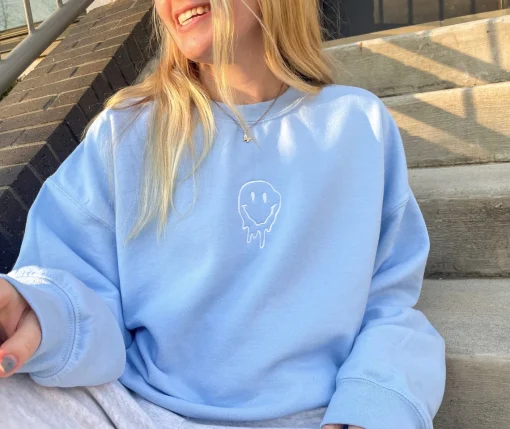 Blue Drippy Smiley Embroidered Crewneck Sweatshirt