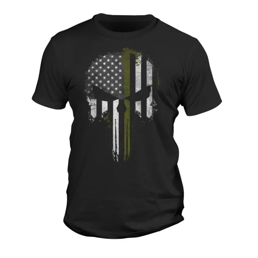 USA Army Military Thin Green Line Flag Skull T-Shirt